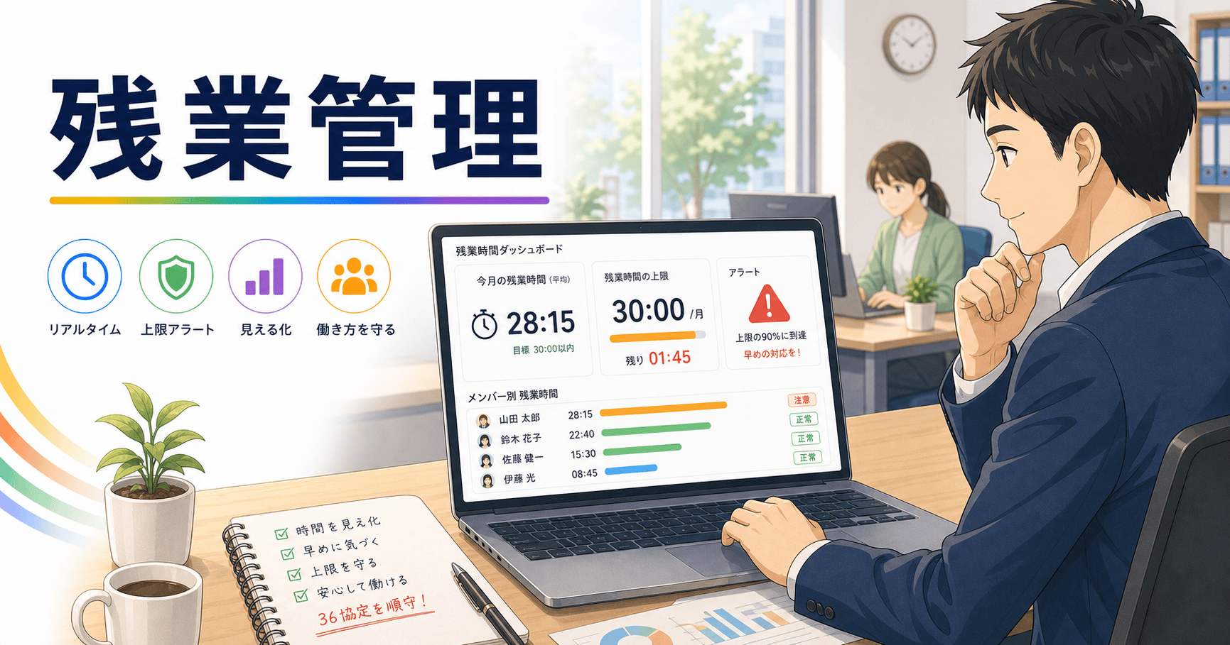 残業時間をリアルタイムで把握して上限を守るのアイキャッチ