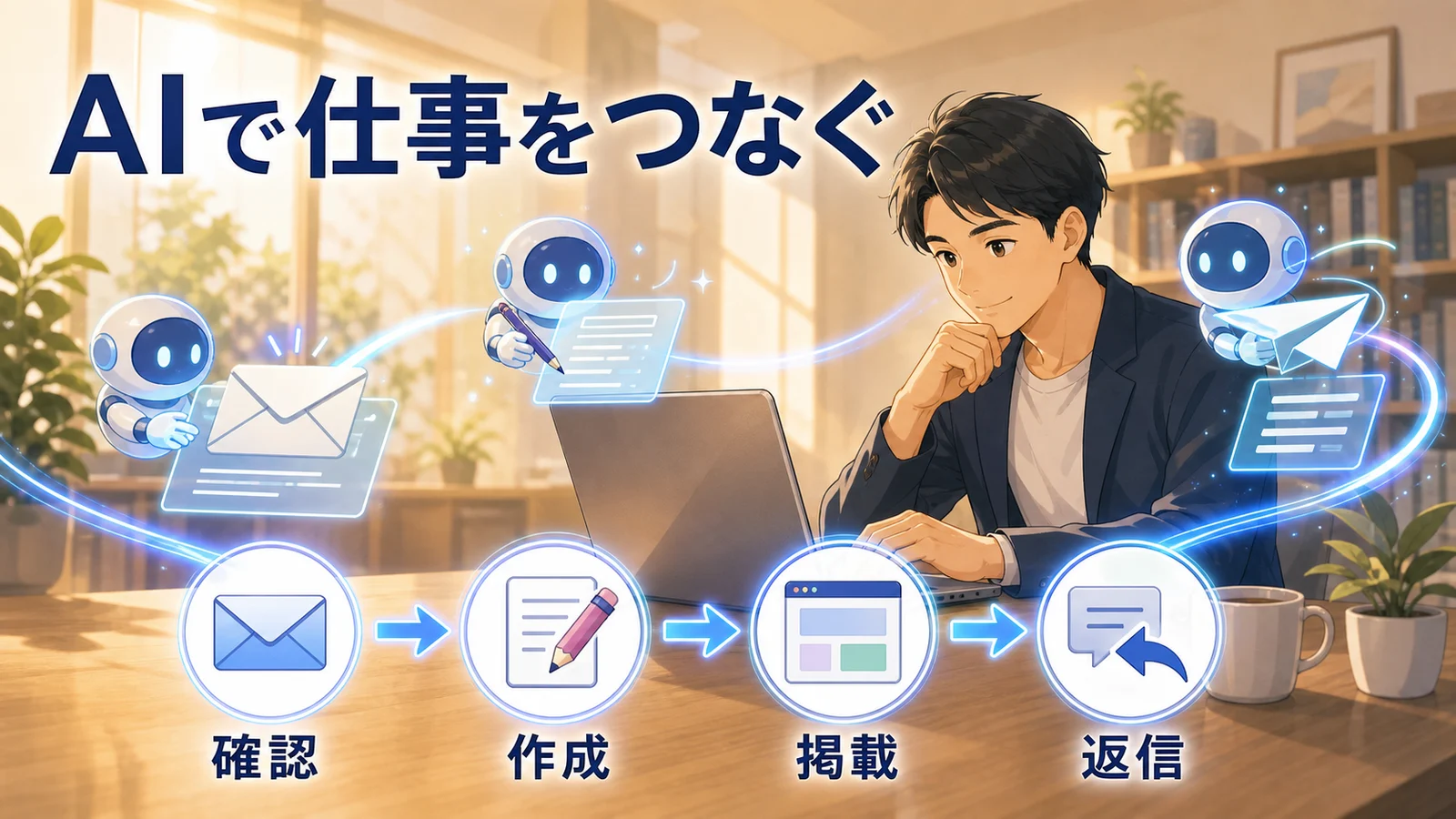 AIツールを使い、メール確認からWeb掲載と返信までの仕事をつなぐ様子