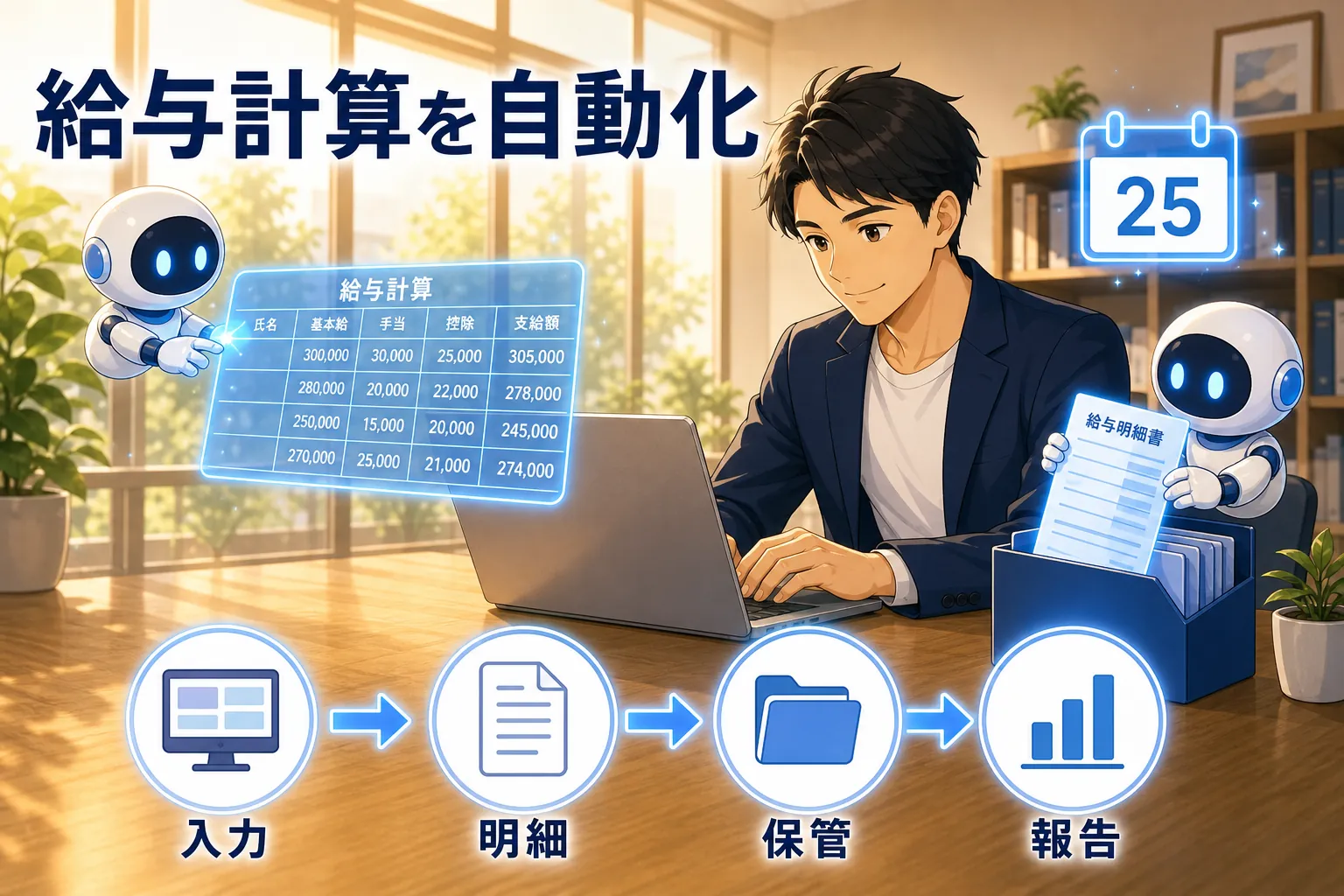 カレンダーの25日と給与明細が見える夜のデスク