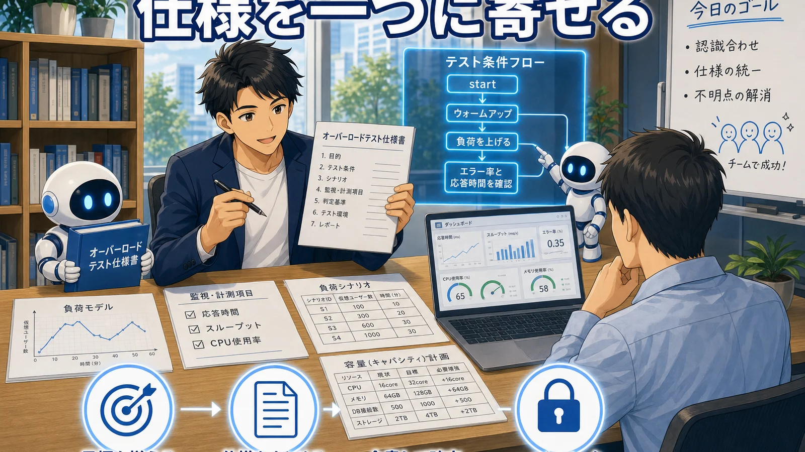 仕様書と画面の並ぶ机で、関係者と調整しながら文書をまとめている手元