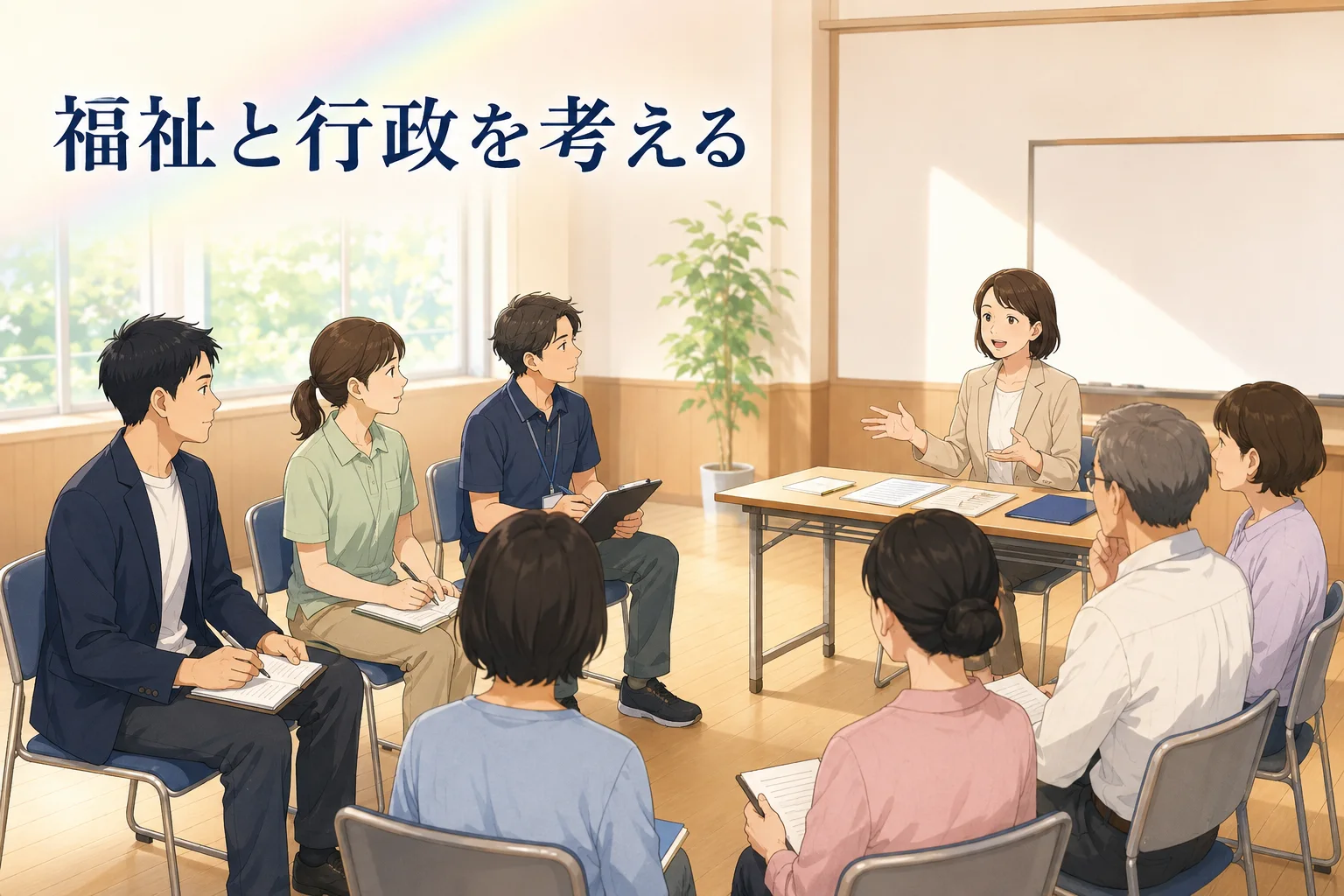 地域の会で福祉と行政について話す人々