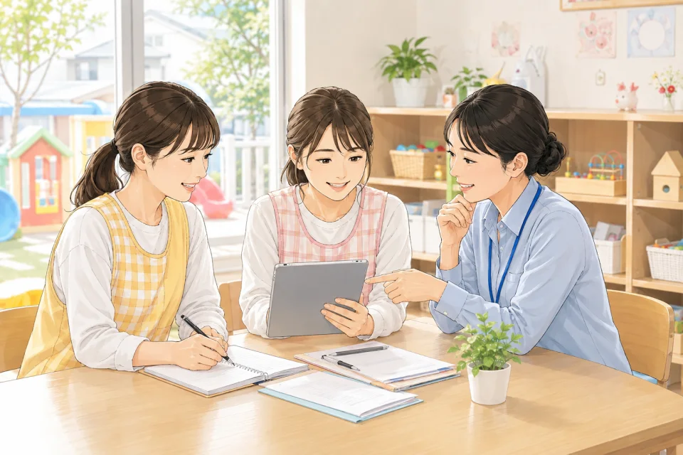 保育スタッフがタブレットを見ながら記録を相談しているイラスト