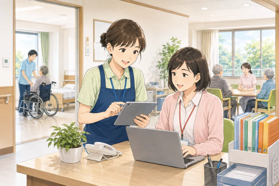 福祉施設の職員がタブレットとパソコンで勤怠を確認しているイラスト