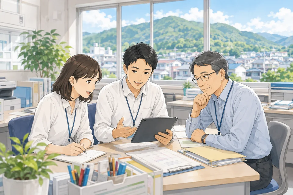 自治体職員がタブレットを囲んで業務を整理しているイラスト