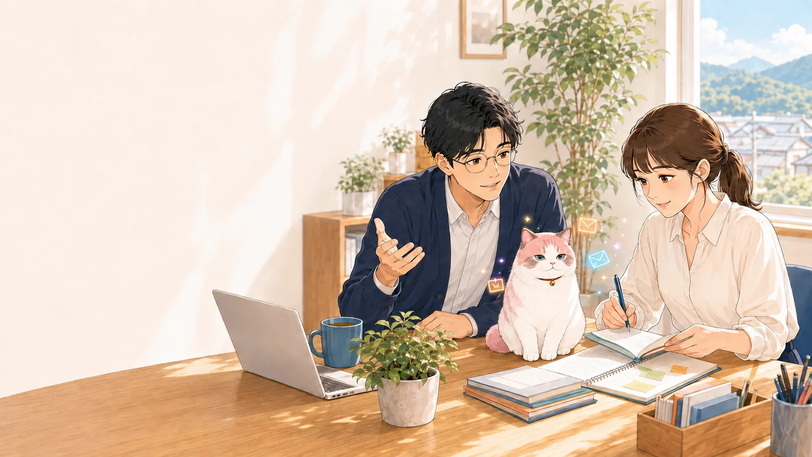 山口真、山口あき、ピンクの鉢割れのAIペット・あもが、同じ机で相談に向き合う様子