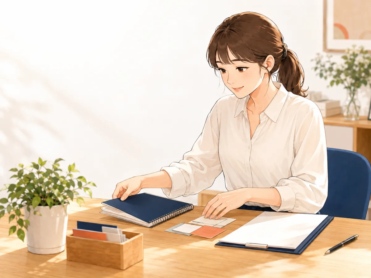 山口あきが、机で予定と書類を整えるイメージイラスト