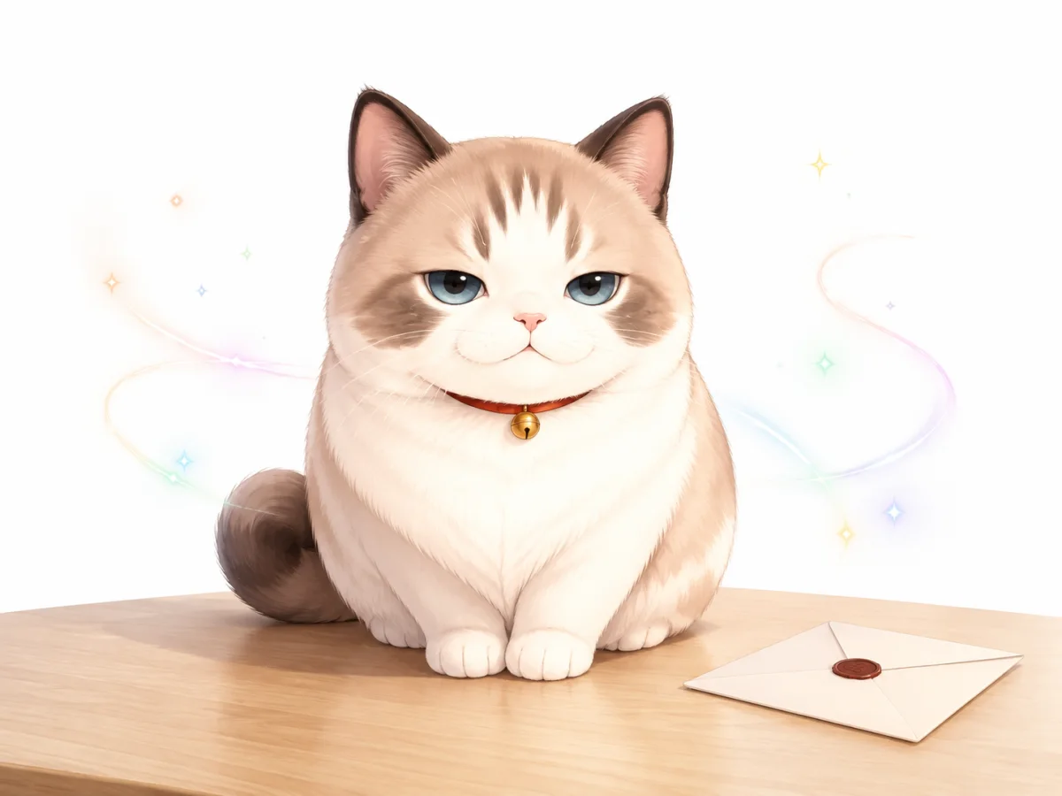 ピンクの鉢割れの猫、あもが封筒のそばに座るイメージイラスト