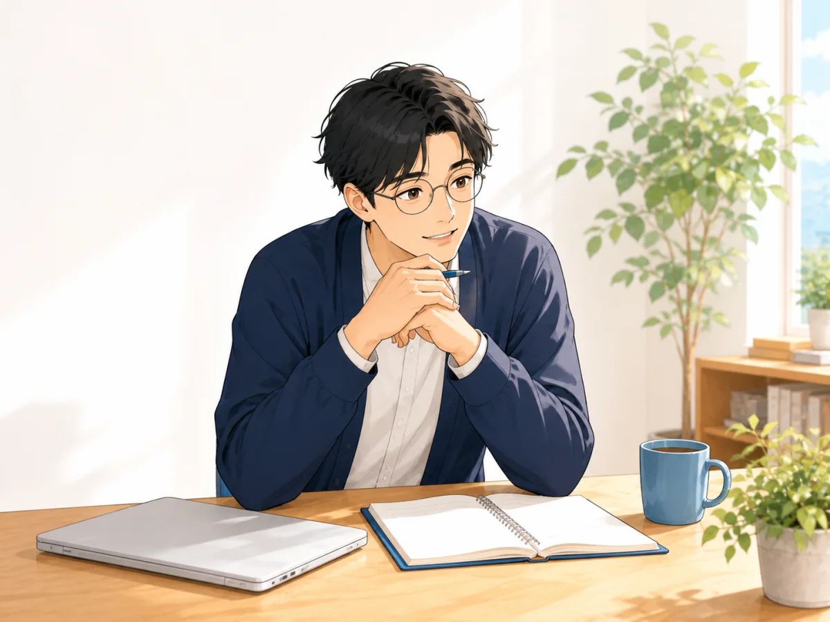 丸眼鏡をかけた山口真が、机で相談を聞くイメージイラスト