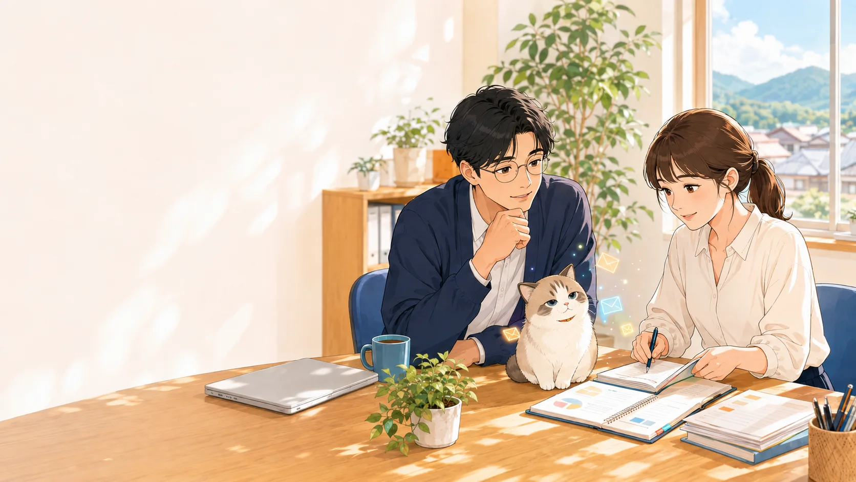 山口真、山口あき、ピンクの鉢割れの猫のあもが一つの机を囲むイメージ