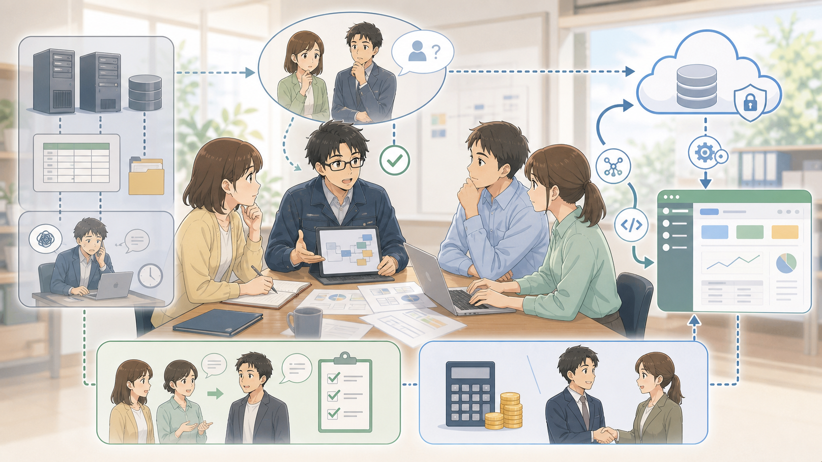 AIを使って地域企業と一緒に業務システムを作るやわらかなアニメ調イラスト