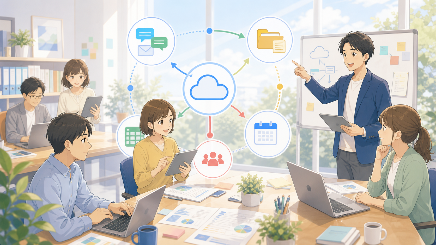 Google WorkspaceとGeminiを業務に合わせて整理する様子のやわらかなアニメ調イラスト