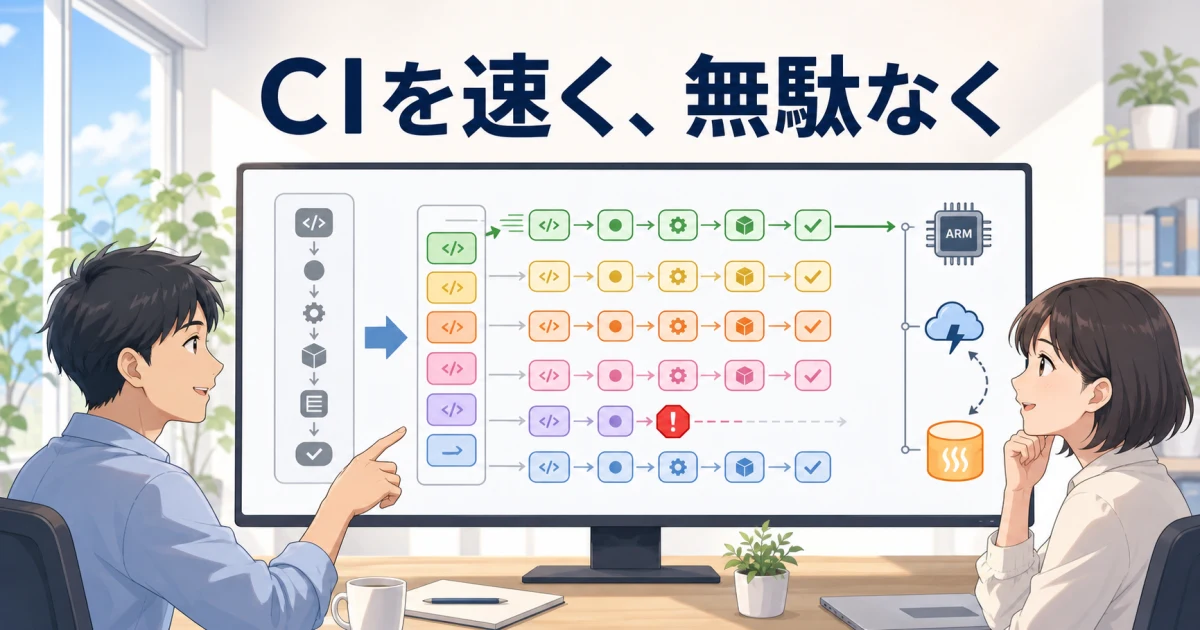一つの大きなCI処理を細粒度の並列タスクへ分け、ARM・Spot・キャッシュへ振り分ける技術者のイラスト