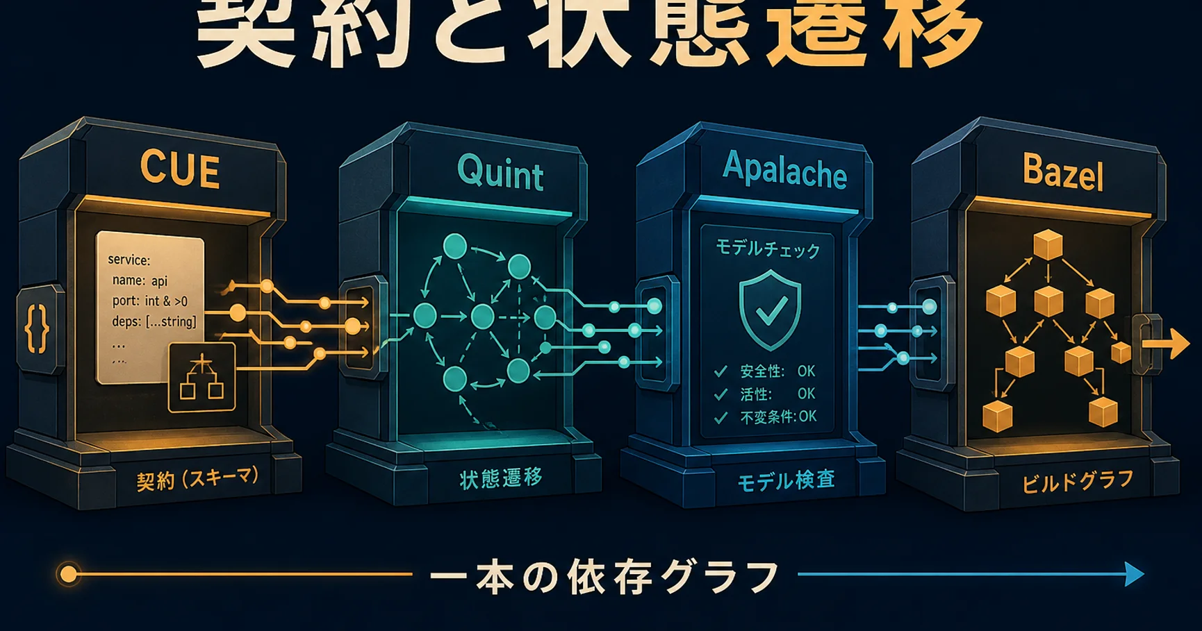 CUE、Quint、Apalache、Bazelを一本の依存グラフでつなぐ開発パイプラインのイラスト