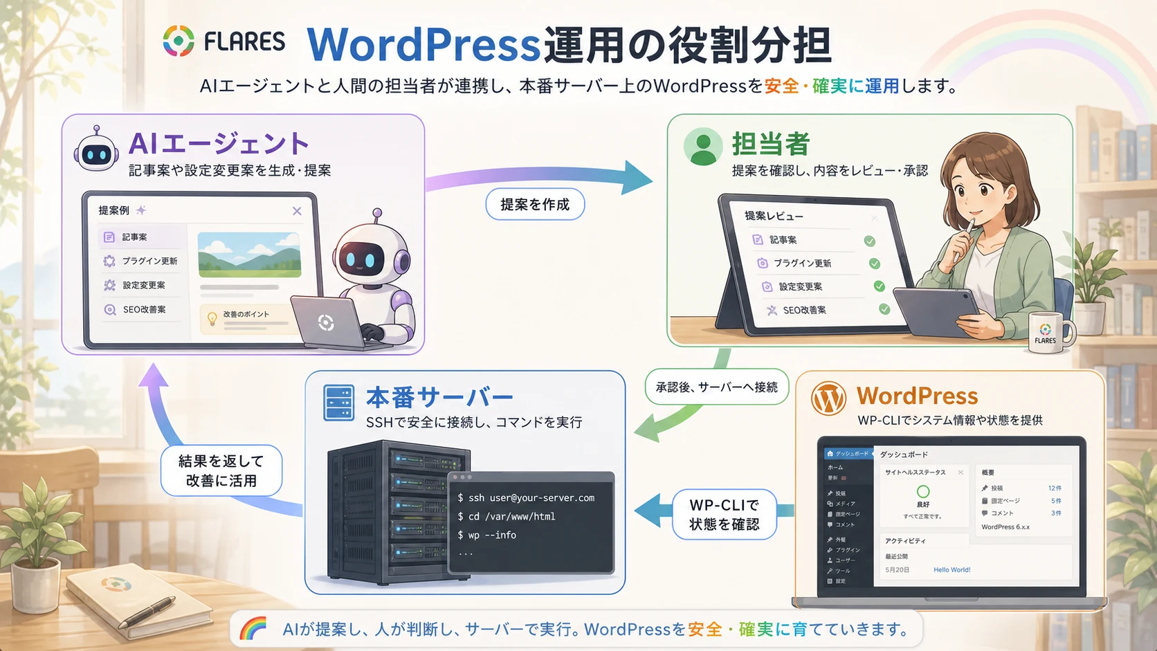 AIエージェント、担当者、本番サーバー、WordPress、WP-CLIの役割分担を示す図解